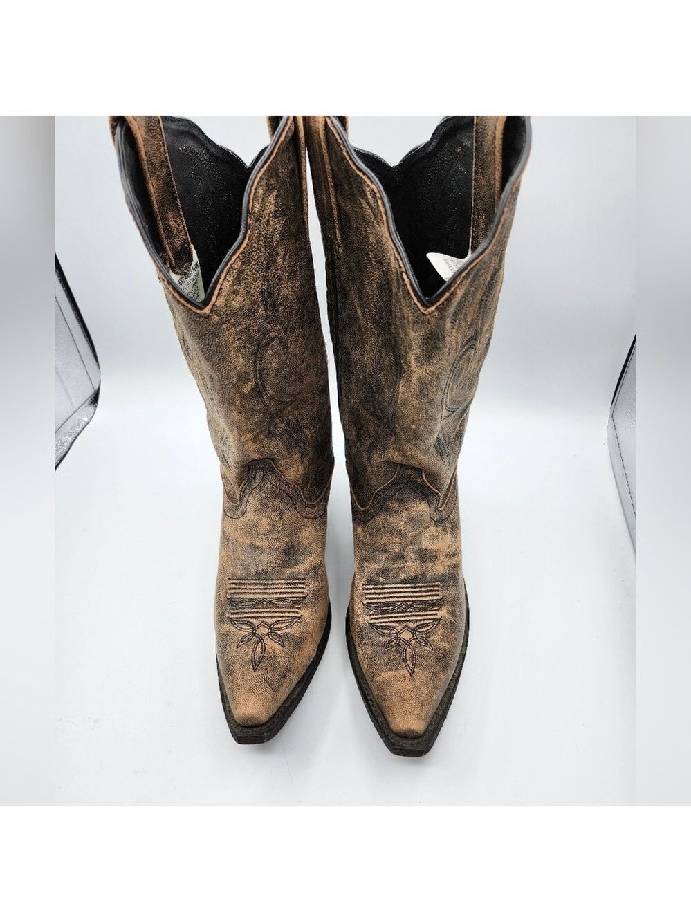 Distressted Leather Brown Western Cowboy Boots Snip Toe Leather Inside Sz 10W